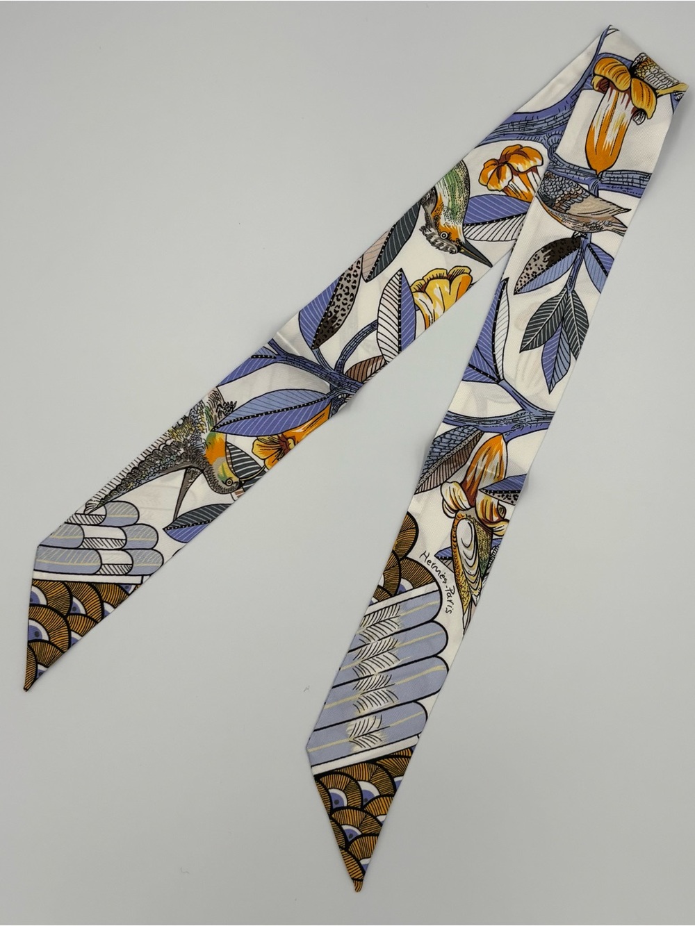 Hermes Tree of Song Twilly Scarf Ivory Blue Orange Bird Floral Feather Print
